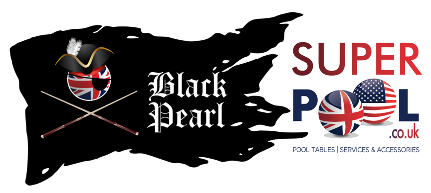 Black Pearl and Superpool logo with a pirate theme and British flag design.