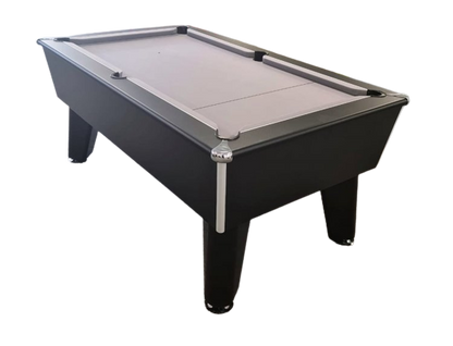 Black Optima Classic free play slate bed pool table with sleek finish.