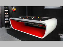 Load image into Gallery viewer, Blacklight designer pool table with white frame and red interior finish.