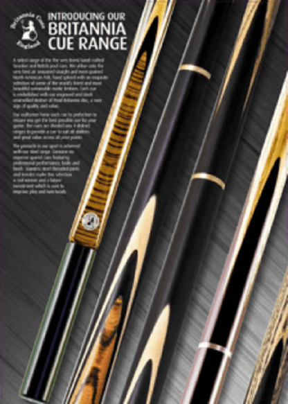Promotional image of Britannia cue range with various cue designs.