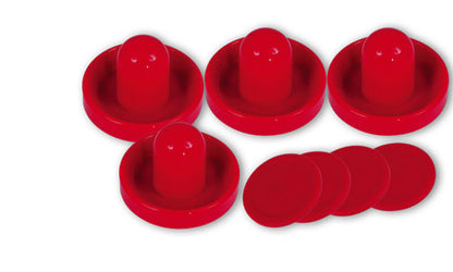 Set of red air hockey pushers and pucks for Buffalo Dominator Air Hockey table.