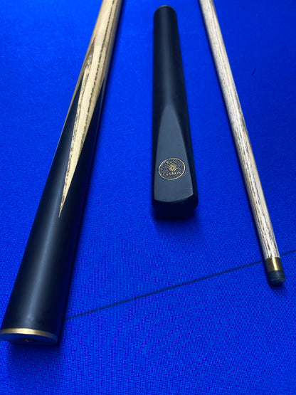 Cannon Manta 3 Piece 57-inch cue parts laid out on a blue surface.