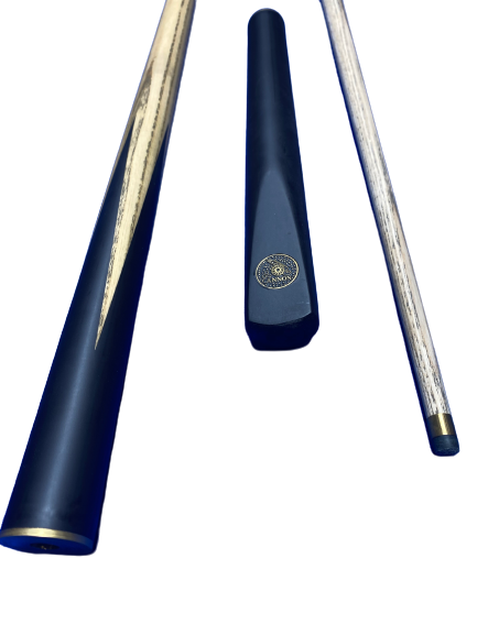 Close-up of Cannon Manta 3 Piece 57-inch cue parts with brass details.
