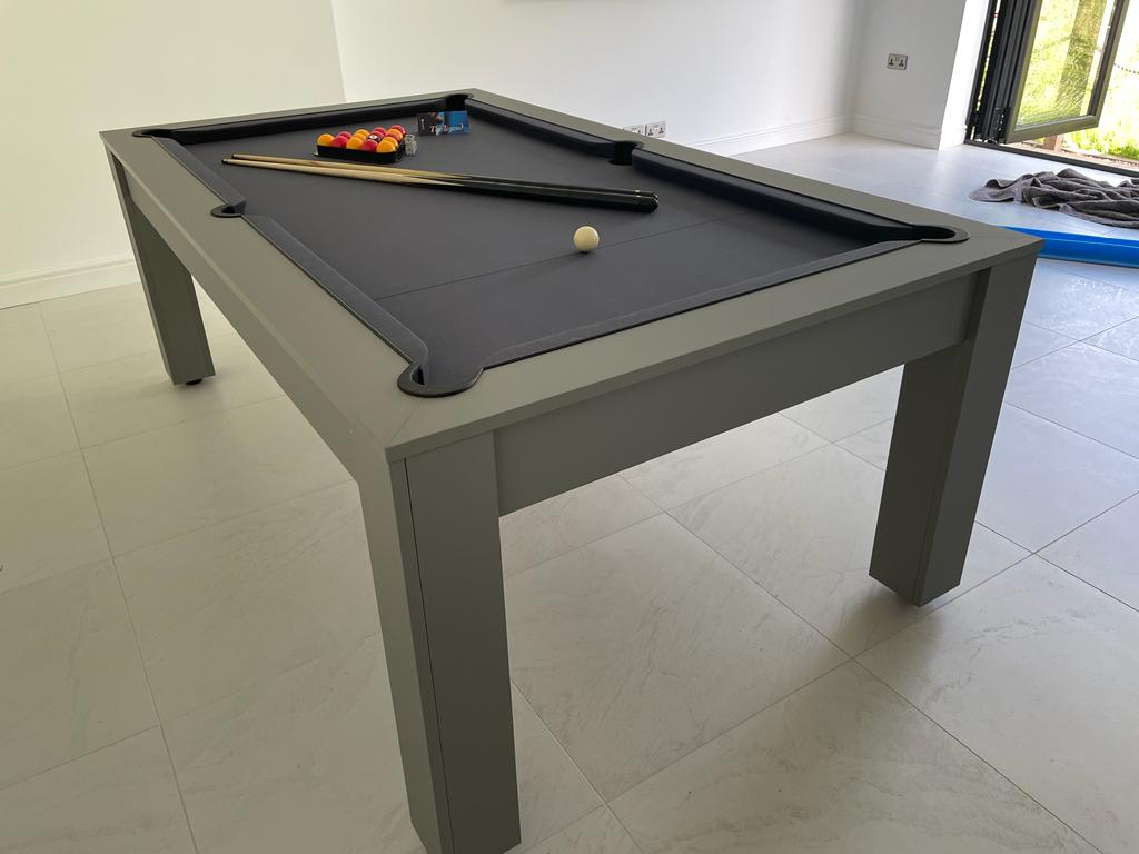 Satin Grey Rosetta pool dining table converted into a pool table with accessories.