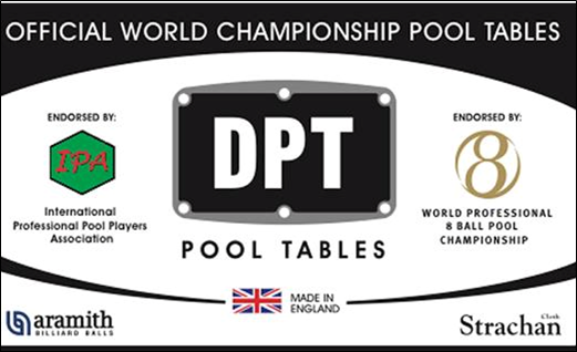 DPT Pool Tables logo, endorsed by professional pool associations.
