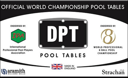 DPT Pool Tables logo, endorsed by professional pool associations.