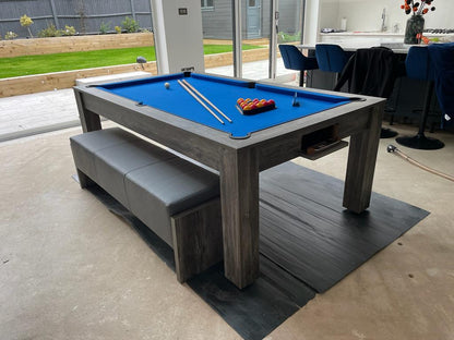 Contemporary Rosetta pool dining table with blue felt and matching bench.
