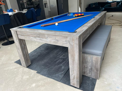 Modern Rosetta pool dining table with blue felt and wooden finish.