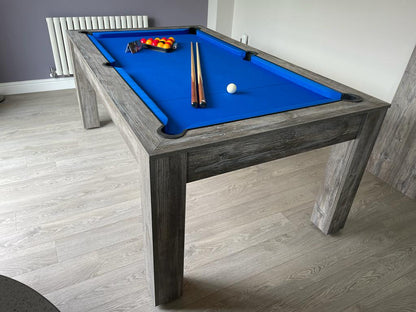 Rustic Rosetta pool dining table with blue felt and weathered wood finish.
