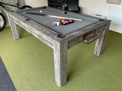 Rustic Rosetta pool dining table with gray felt and weathered wood finish.