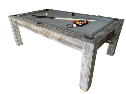 Grey Pine Rosetta pool dining table with grey felt and pool accessories.