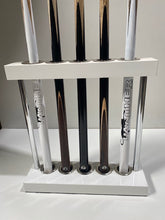 Load image into Gallery viewer, White Superpool Match Cue Stand with 5 cues, stylish and functional.