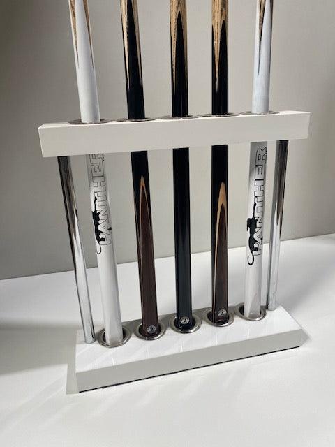 White Superpool Match Cue Stand holding 5 cues, matching modern decor.