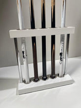 Load image into Gallery viewer, White Superpool Match Cue Stand holding 5 cues, matching modern decor.