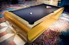 Load image into Gallery viewer, Luxurious Blacklight pool table with gold finish and black playing surface.