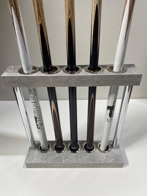 Gray Superpool Match Cue Stand holding 5 cues with sleek design.