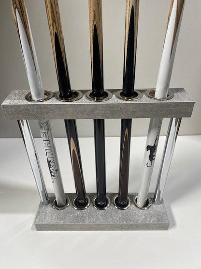 Gray Superpool Match Cue Stand holding 5 cues with sleek design.