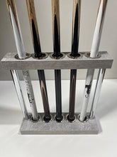 Load image into Gallery viewer, Gray Superpool Match Cue Stand holding 5 cues with sleek design.