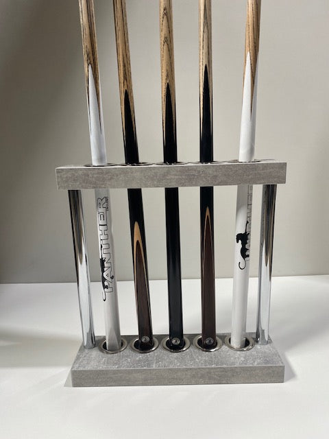 Gray Superpool Match Cue Stand with 5 cues, minimalistic and durable.