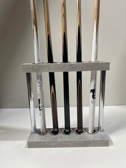 Gray Superpool Match Cue Stand with 5 cues, minimalistic and durable.