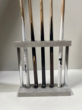 Load image into Gallery viewer, Gray Superpool Match Cue Stand with 5 cues, minimalistic and durable.