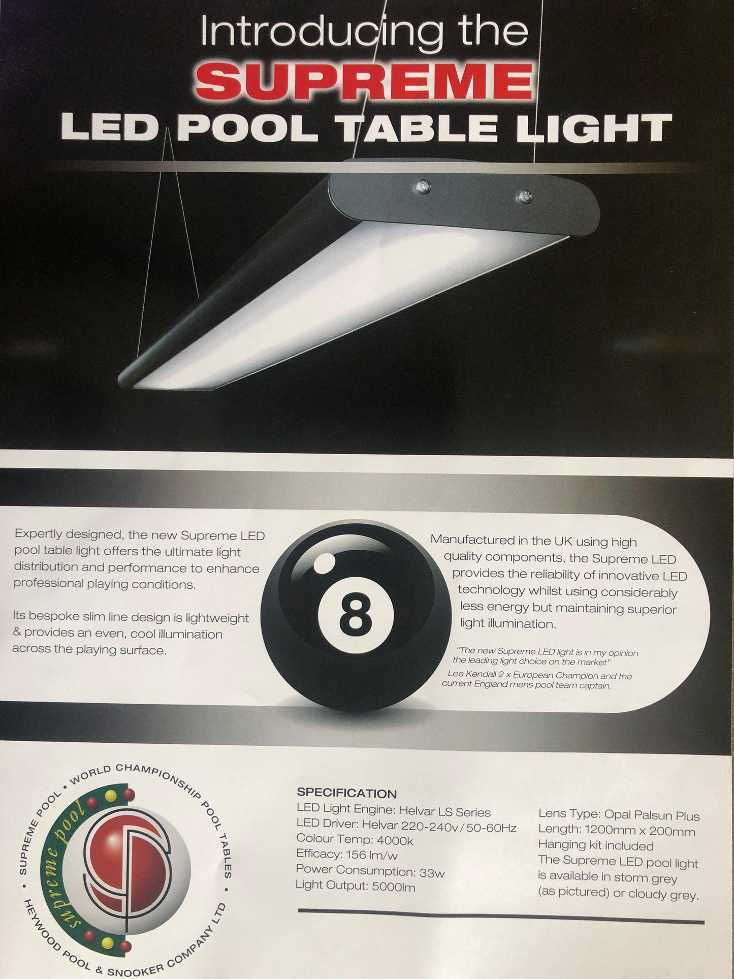 Supreme Tournament LED Pool Table Lighting in Light Grey Finish
