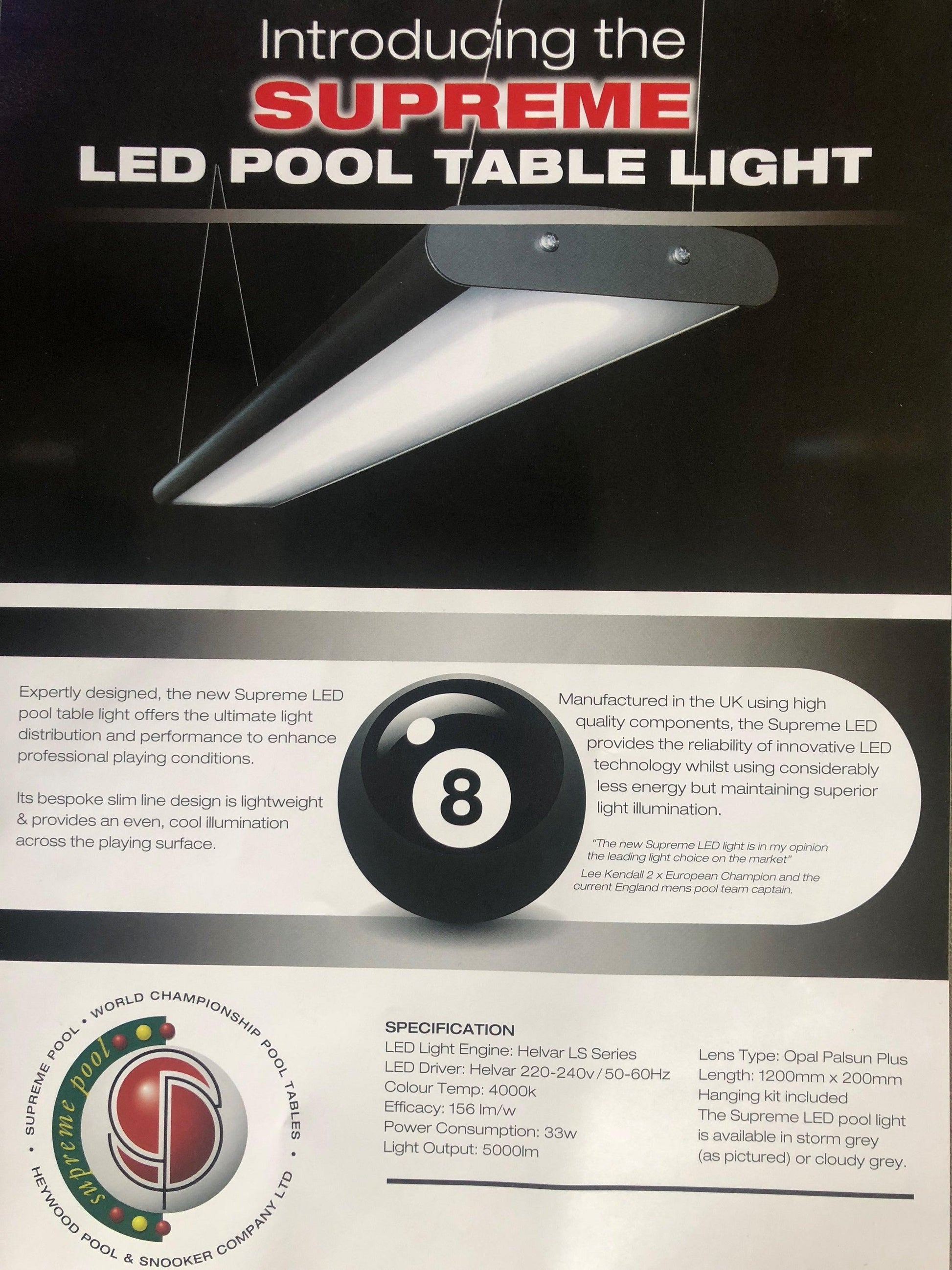Supreme Tournament LED Pool Table Lighting in Light Grey Finish