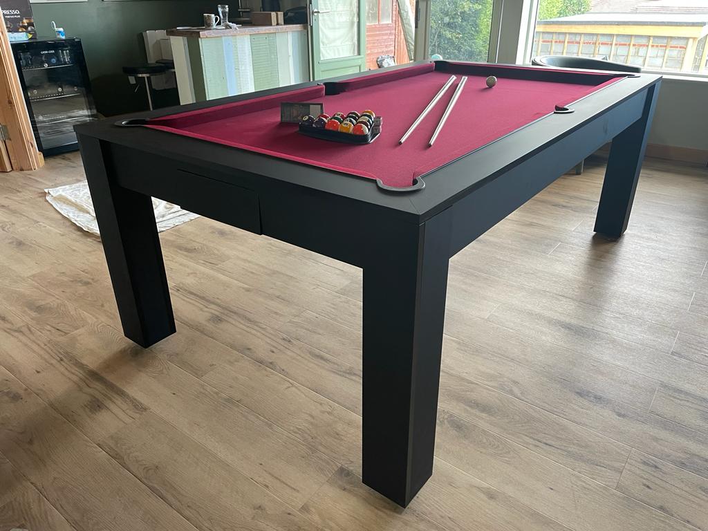 Matt Black Rosetta pool dining table with a red playing surface and accessories.