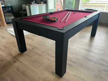 Matt Black Rosetta pool dining table with a red playing surface and accessories.