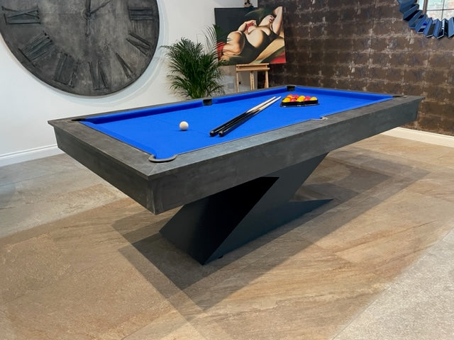 Elegant Monaco Grey Lightning pool diner table with blue felt and bold design.