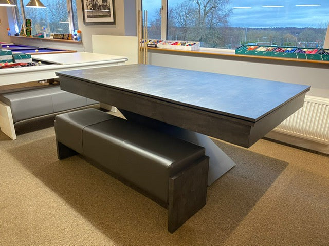 Monaco Grey Lightning pool diner table with dining top and bench seating.
