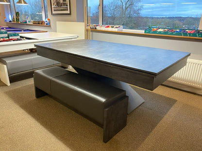 Monaco Grey Lightning pool diner table with dining top and bench seating.