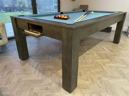 Modern Rosetta pool dining table with light blue felt and dark finish.