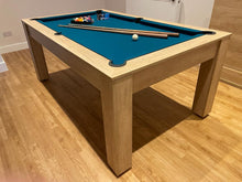 Load image into Gallery viewer, Modern Nebraska Oak Rosetta pool dining table in a home setting with blue felt.