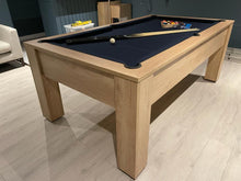 Load image into Gallery viewer, Nebraska Oak vintage pool table with blue felt in a modern room setting.