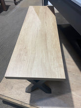 Load image into Gallery viewer, Top view of the cross leg pool dining table bench showcasing its smooth wooden surface.