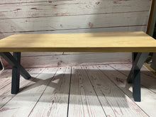 Load image into Gallery viewer, Front view of the cross leg pool dining table bench with a natural wood finish.