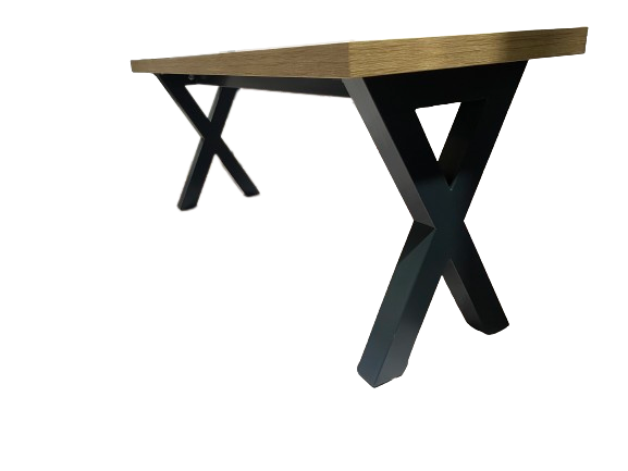 Cross leg pool dining table bench with wooden top and black X-shaped legs.