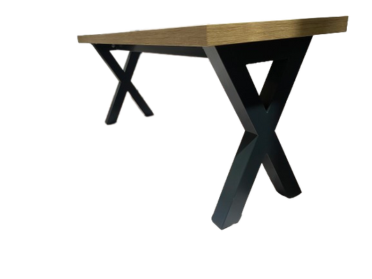 Cross leg pool dining table bench with wooden top and black X-shaped legs.