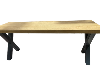 Side view of the cross leg pool dining table bench showcasing its sleek design.