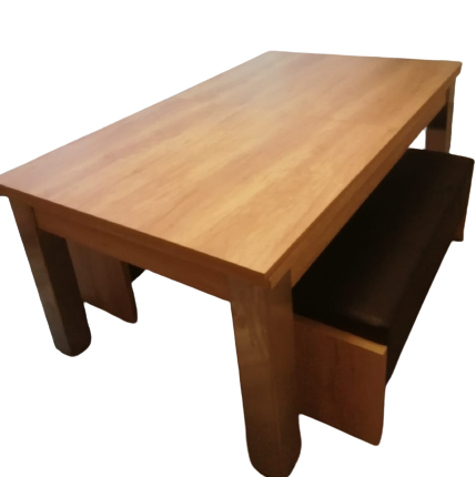 Natural oak solid wood dining table with bench seating.