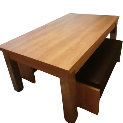 Natural oak solid wood dining table with bench seating.