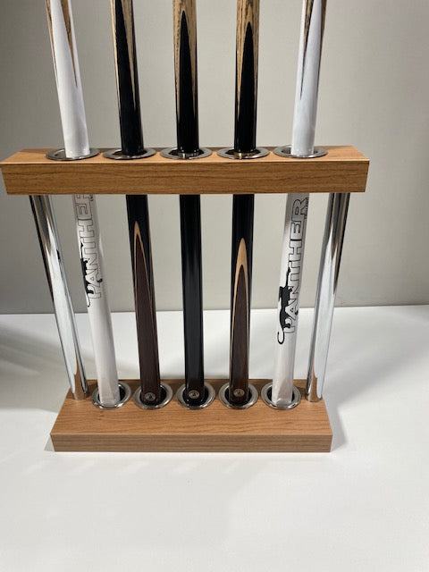Wooden Superpool Match Cue Stand holding 5 cues, sturdy and timeless.