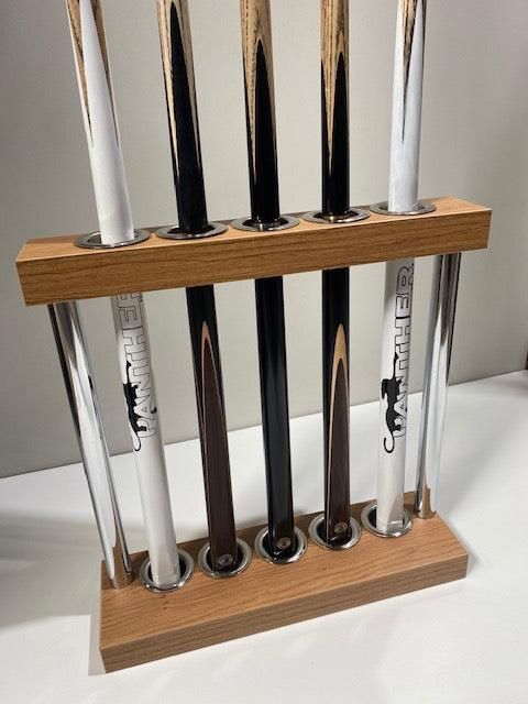 Wooden Superpool Match Cue Stand holding 5 cues, classic and elegant.