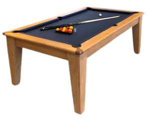 Supreme Oak Classic Diner pool table with blue felt and wooden frame.