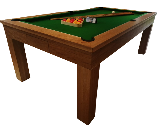 Oak English pool table with green felt and pool accessories.