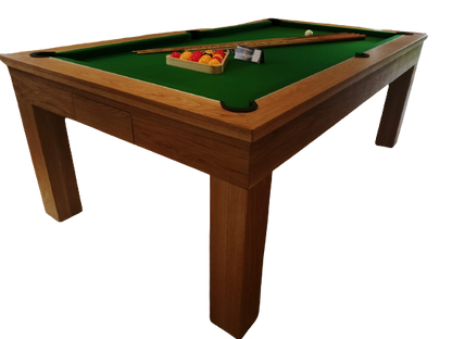 Oak English pool table with green felt and pool accessories.