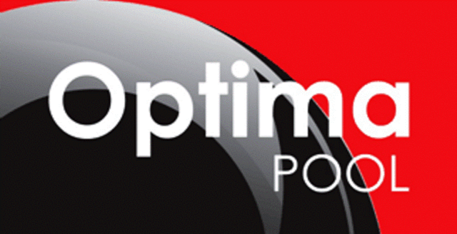 Optima Pool logo with bold white text on a red and black background.