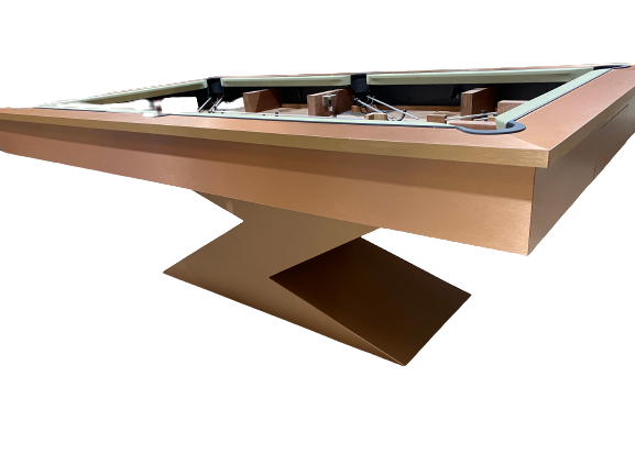 Brushed copper pool table with unique X-shaped base and convertible design.