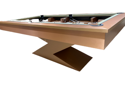 Brushed copper pool table with unique X-shaped base and convertible design.
